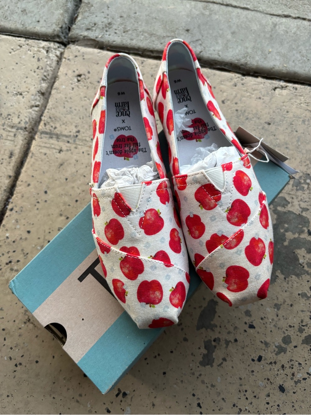 TOMS Women's Slip-On Flats in Red Apple Print on White Canvas